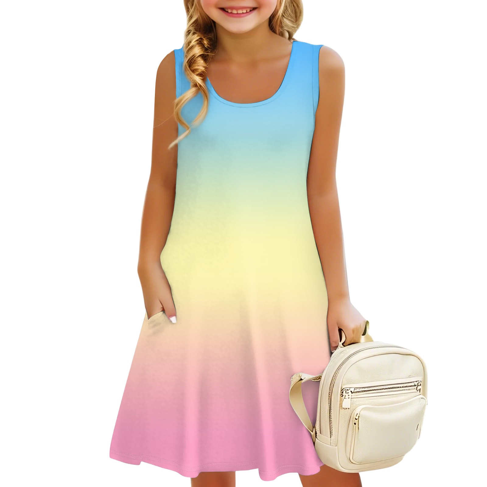 LTTVQM Dress for Girls Size 7-8 Spring Gradient Sundress Loose Fit Sleeveless Tank Dresses Trendy Round Neck Midi Dresses with Pocket Red 7-8